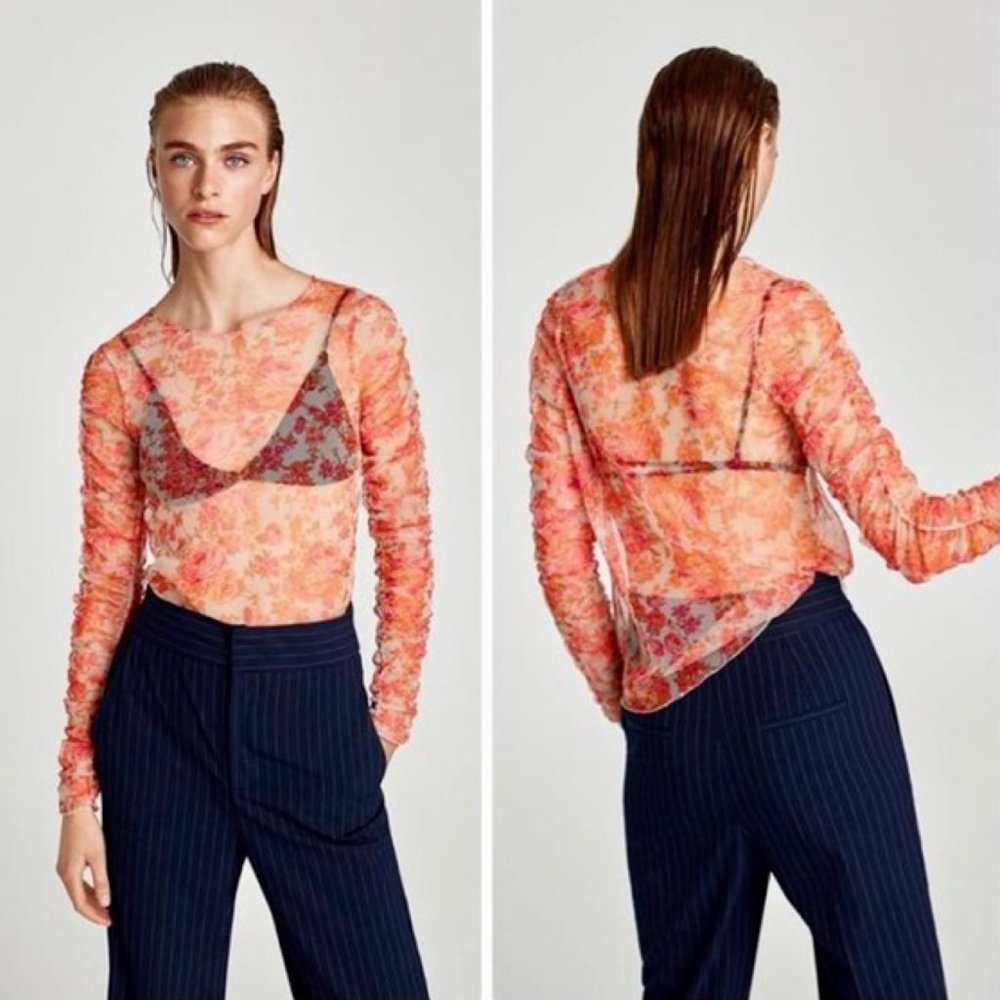 ZARA Mesh Sheer Floral Print Top Tulle Roses Ruched Long Sleeves Size L